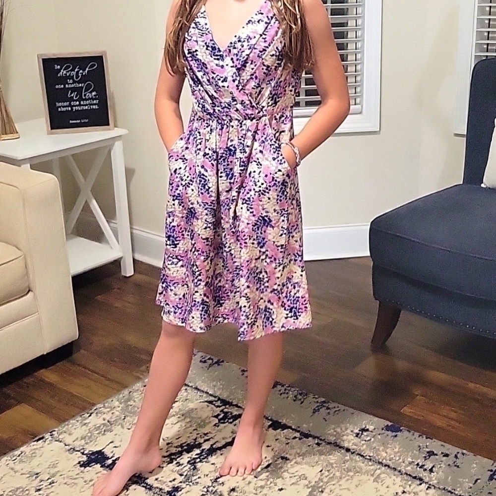 Yumi Kim Silk Lavender Painted Dots Spaghetti Strap V-Neck Mini Dress Sz XSMALL